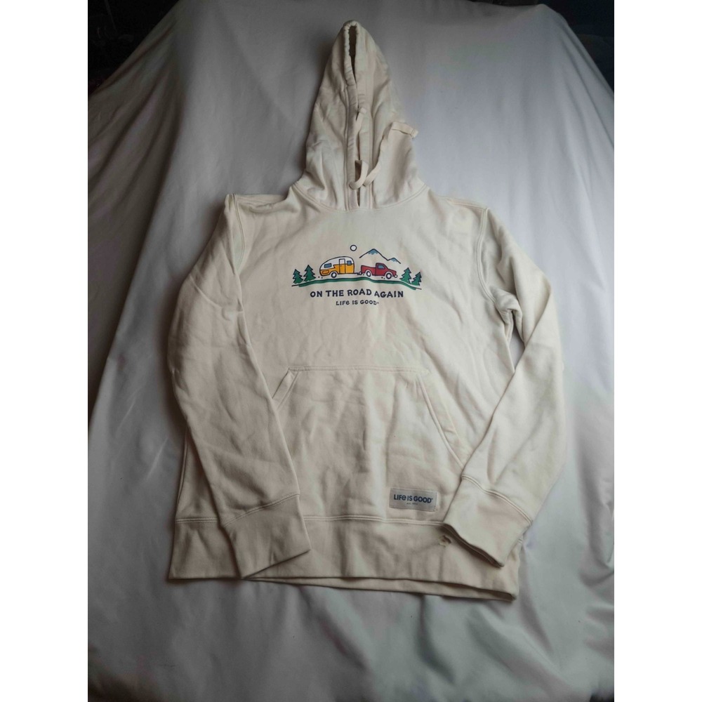 Life is Good On The Road Again Hoodie Mens Small Cream Camping Graphic Pullover